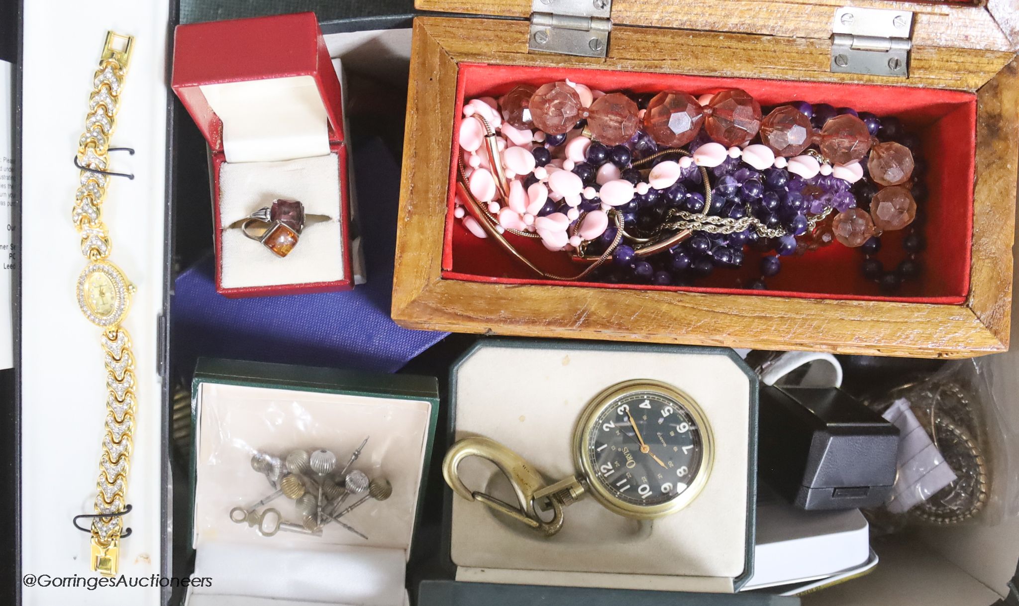 A mixed collection of vintage costume, silver and other jewellery, mixed wristwatches, yellow metal spectacle frames, Chinese, silver and other pendants, sundry coinage, etc.